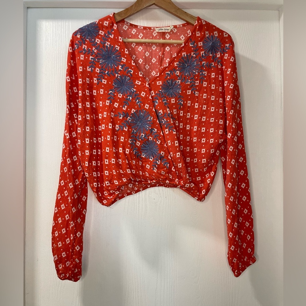 Chloe & Katie Boho Embroidered Long Sleeve Crop Top from Anthropologie. Size S